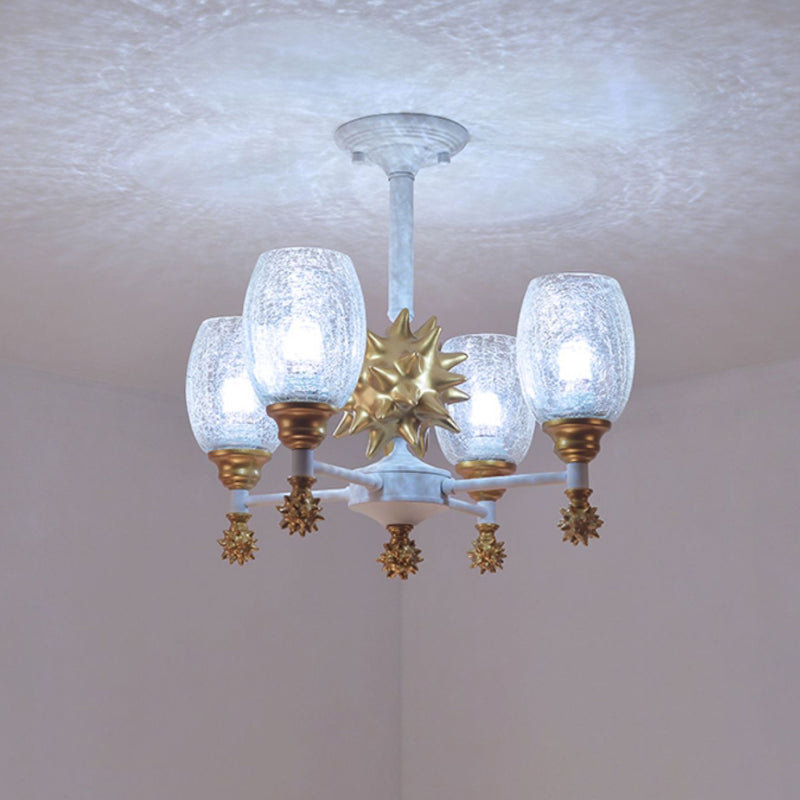 Clear Crackle Glass Cup-Like Pendant Coastal 4-Bulb Gold/Dark Blue Chandelier Lighting with Sea Urchin Design