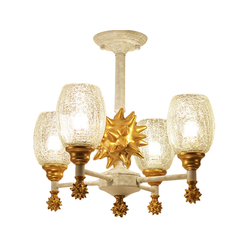 Clear Crackle Glass Cup-Like Pendant Coastal 4-Bulb Gold/Dark Blue Chandelier Lighting with Sea Urchin Design