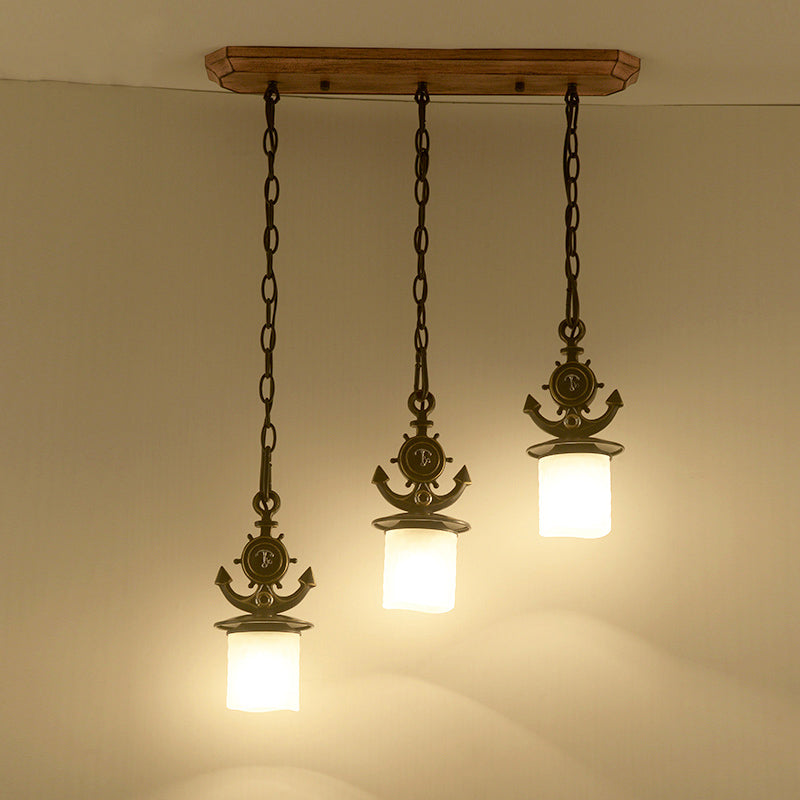 Dimpled Glass Cylindrical Multi Pendant Modern 3 Heads Down Lighting with Anchor Chain in Black/Blue, Linear/Round Canopy