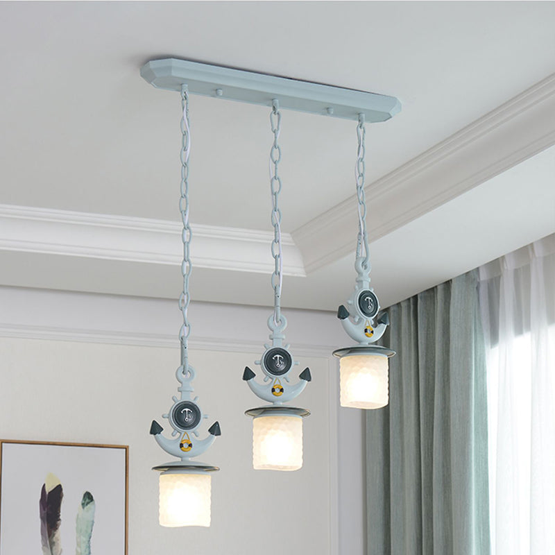 Dimpled Glass Cylindrical Multi Pendant Modern 3 Heads Down Lighting with Anchor Chain in Black/Blue, Linear/Round Canopy