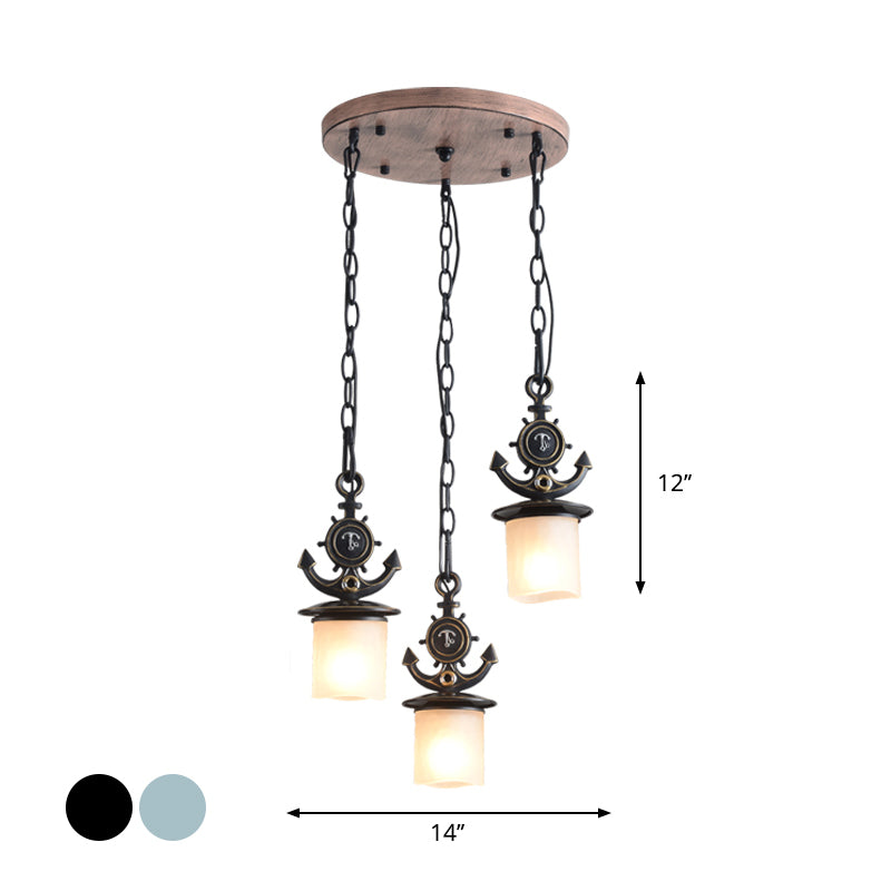 Dimpled Glass Cylindrical Multi Pendant Modern 3 Heads Down Lighting with Anchor Chain in Black/Blue, Linear/Round Canopy