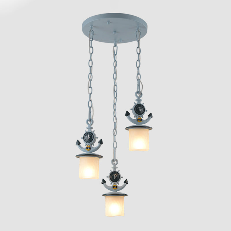 Dimpled Glass Cylindrical Multi Pendant Modern 3 Heads Down Lighting with Anchor Chain in Black/Blue, Linear/Round Canopy