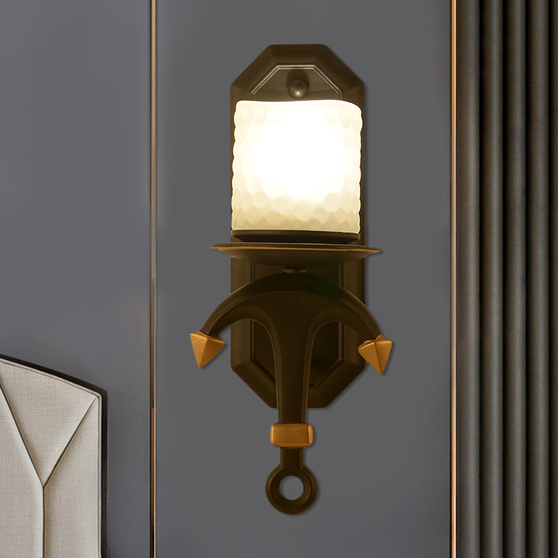 Cylindrical Wall Lighting Kids Style Frosted Dimpled Glass 1/2-Light Bedroom Wall Lamp with Anchor Design in Black