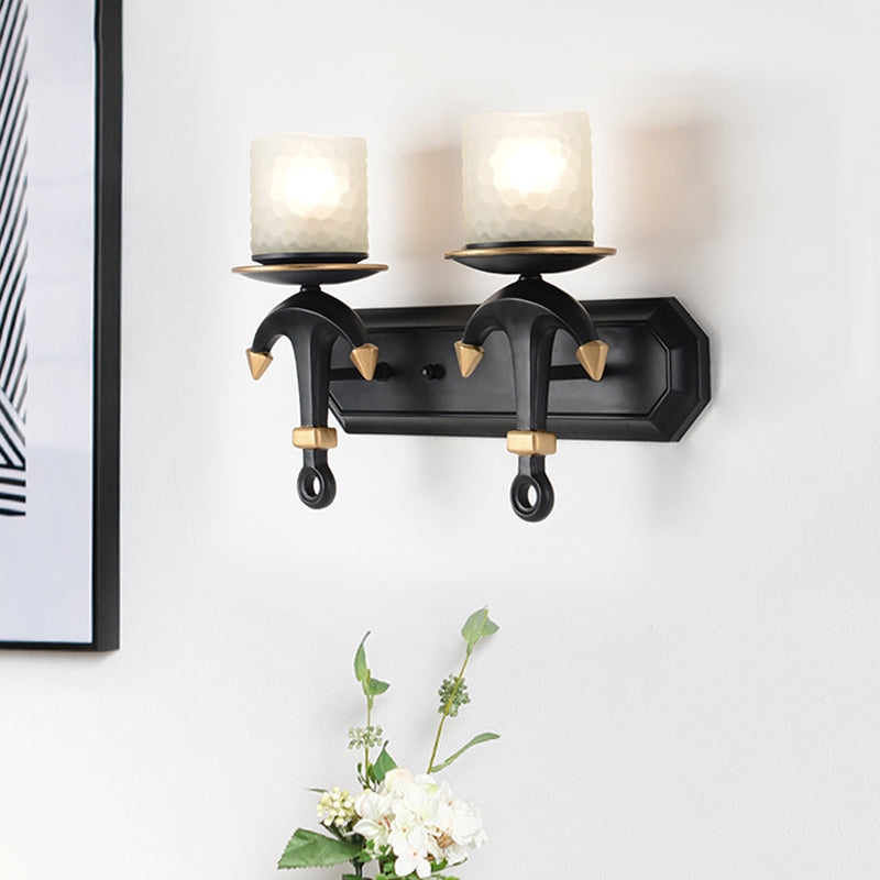 Cylindrical Wall Lighting Kids Style Frosted Dimpled Glass 1/2-Light Bedroom Wall Lamp with Anchor Design in Black