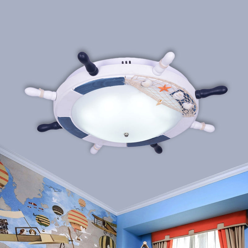 Blue Rudder Flush Ceiling Light Mediterranean LED Wooden Flush Mount with Bowl Glass Shade for Baby Room