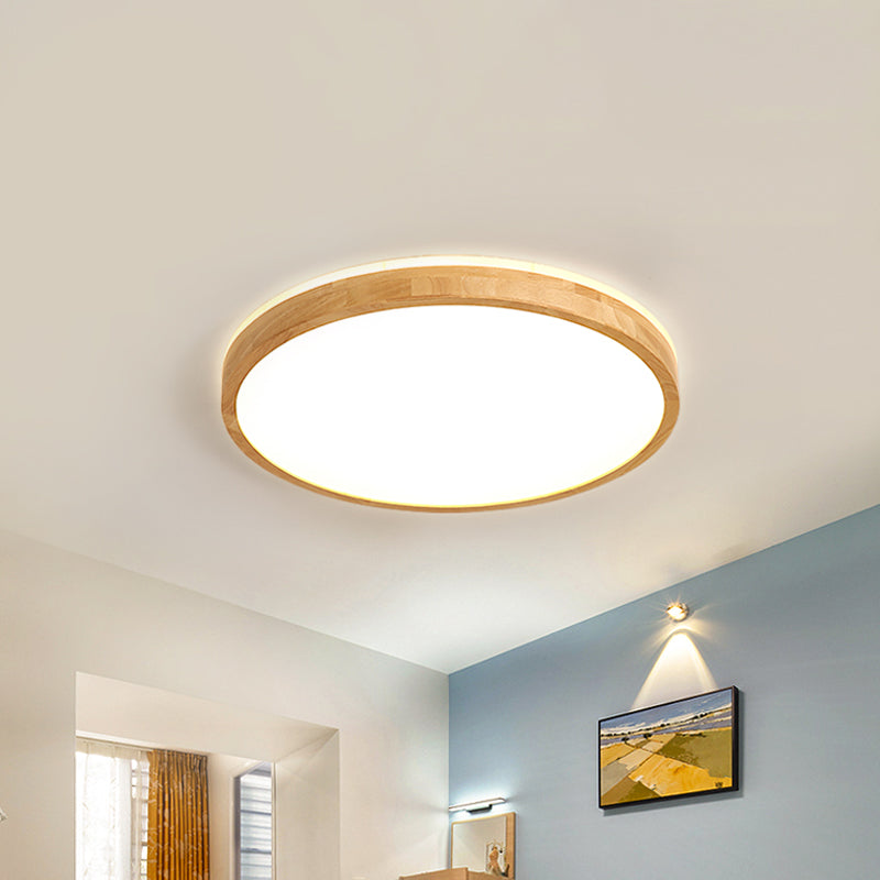 Wood Circular Flush Light Fixture Minimalist 12"/15"/19" Width LED Beige Ceiling Flush Mount