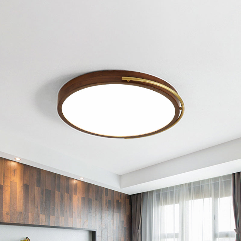 Brown Round Flush Mount Lamp Minimalism LED Wood Ceiling Lighting Fixture for Bedroom, 13"/17"/21" Wide