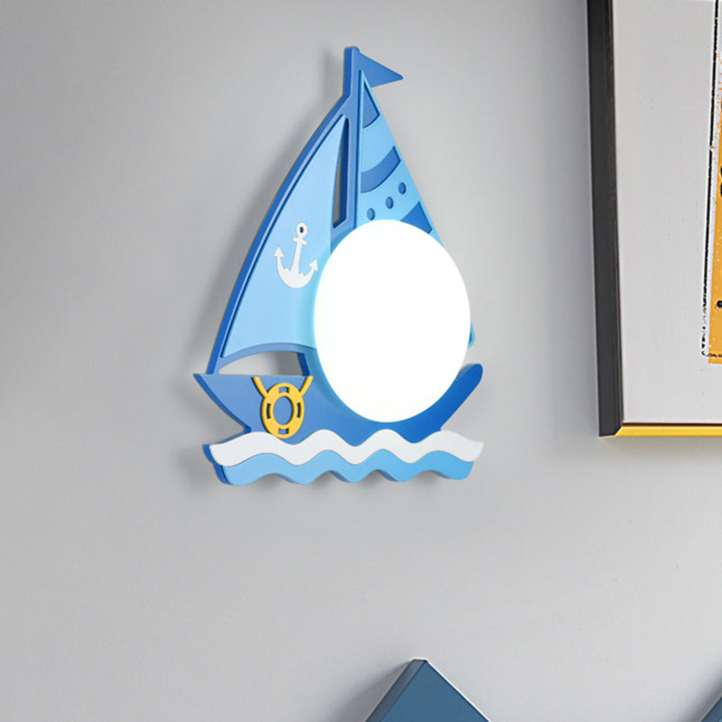 Blue Ship Wall Mounted Lighting Nautical LED Wood Wall Sconce with Dome Opaline Glass Shade in Warm/White Light