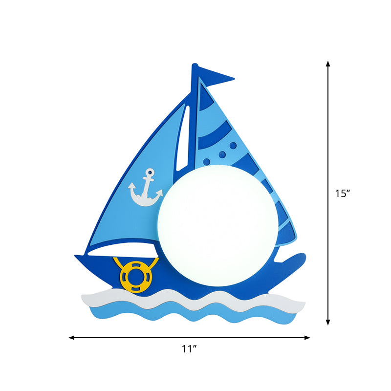 Blue Ship Wall Mounted Lighting Nautical LED Wood Wall Sconce with Dome Opaline Glass Shade in Warm/White Light