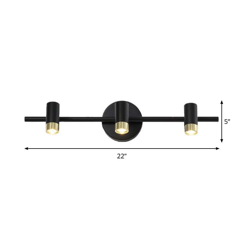 Black Short Tube Wall Vanity Light Contemporary 3-Bulb Metal Adjustable Wall Sconce Lighting