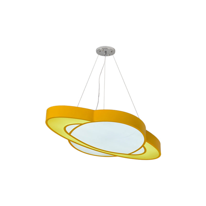 Yellow Planet Suspension Light Fixture Children Style LED Acrylic Hanging Chandelier
