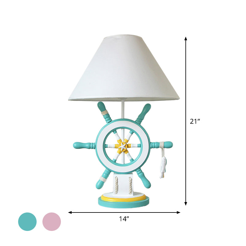 Lampada da tavolo per bambini in resina timone Lampada da scrivania a testa singola rosa/verde con paralume in tessuto bianco a botte