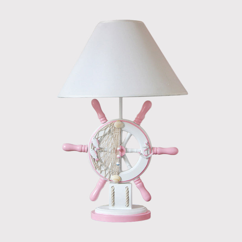 Lampada da tavolo per bambini in resina timone Lampada da scrivania a testa singola rosa/verde con paralume in tessuto bianco a botte