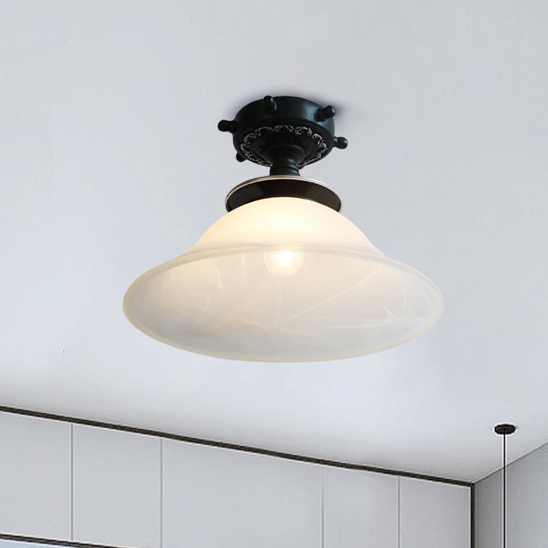 Bell Ceiling Lighting Nautical Opaline Glass 1 Bulb Hallway Semi Flush Mount Light in Black/White/Blue