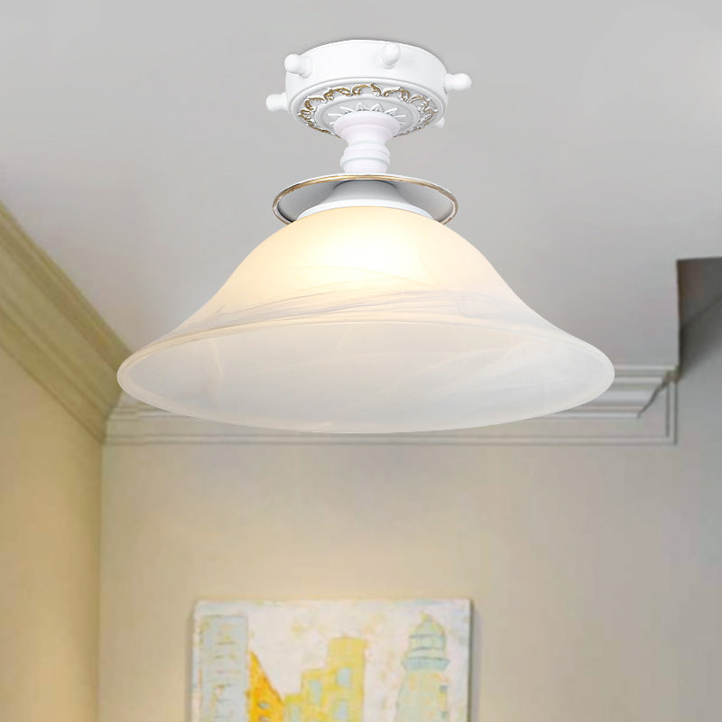 Bell Ceiling Lighting Nautical Opaline Glass 1 Bulb Hallway Semi Flush Mount Light in Black/White/Blue
