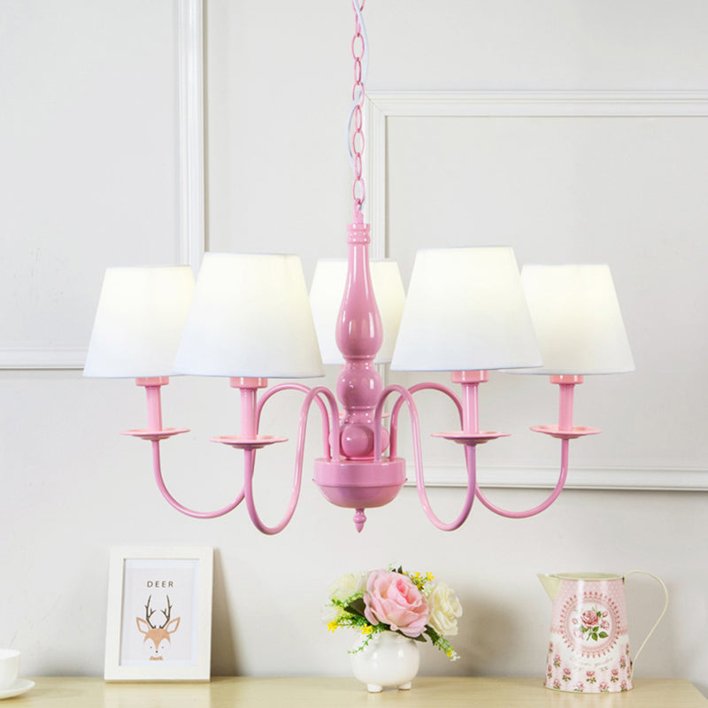 Tapered Shade Kindergarten Chandelier Metal 5 Heads Kids Hanging Light in Pink & White