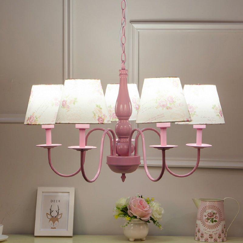 5 Bulbs Blossom Hanging Lamp with Fabric Shade Kids Metal Chandelier in Pink for Kindergarten