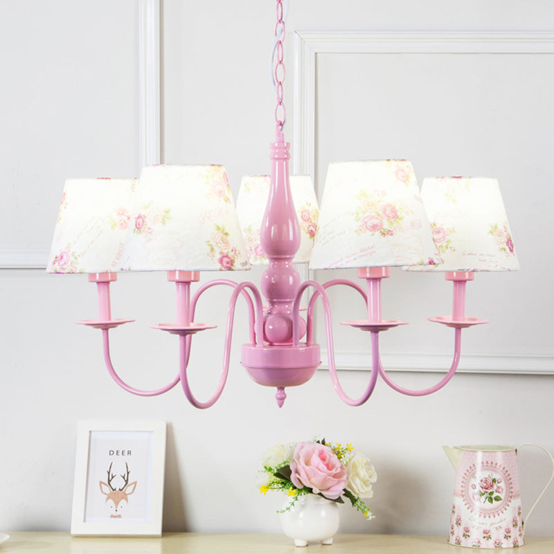 5 Bulbs Blossom Hanging Lamp with Fabric Shade Kids Metal Chandelier in Pink for Kindergarten