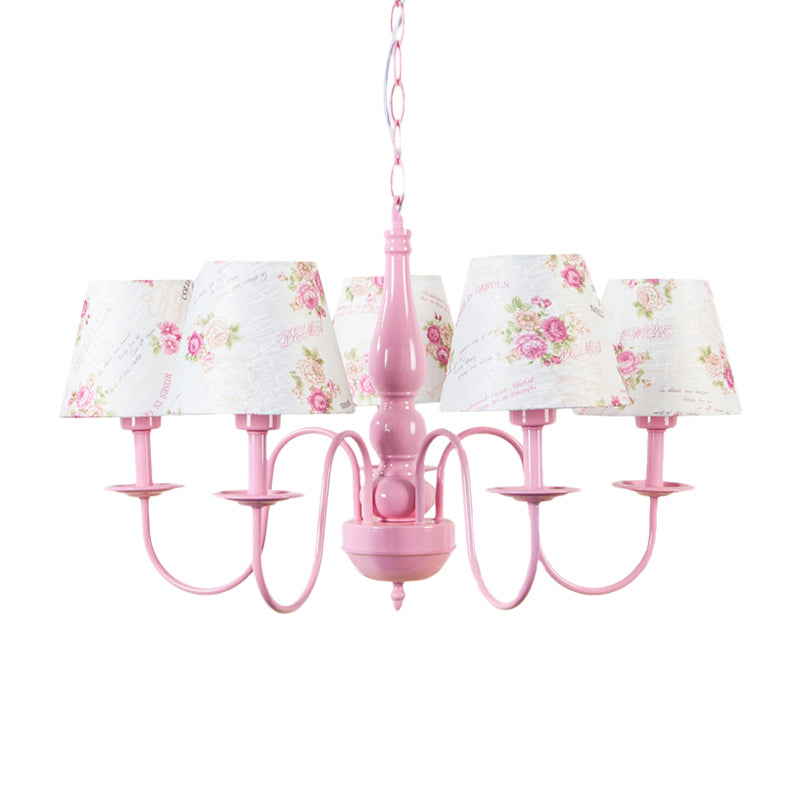 5 Bulbs Blossom Hanging Lamp with Fabric Shade Kids Metal Chandelier in Pink for Kindergarten