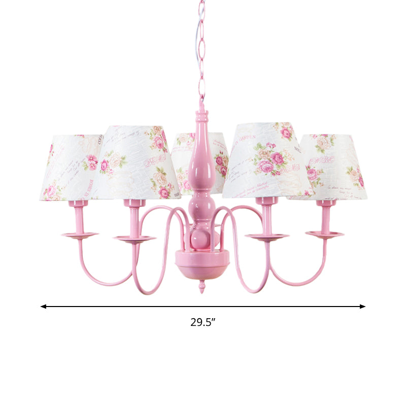 5 Bulbs Blossom Hanging Lamp with Fabric Shade Kids Metal Chandelier in Pink for Kindergarten