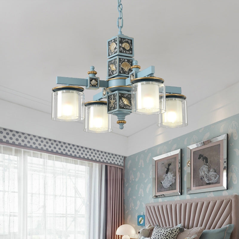 Sky/Light Blue Dual Cylinder Chandelier Nordic 4 Bulbs Clear and Opal Glass Down Lighting with Conch Design