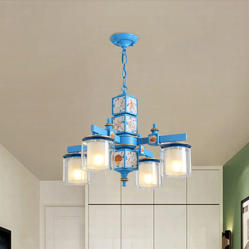 Sky/Light Blue Dual Cylinder Chandelier Nordic 4 Bulbs Clear and Opal Glass Down Lighting with Conch Design