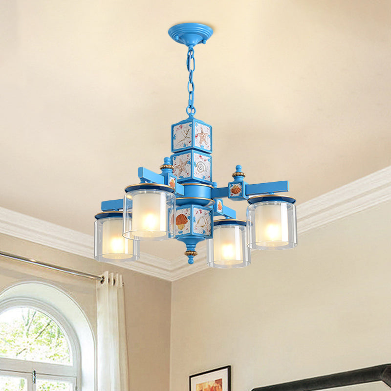 Sky/Light Blue Dual Cylinder Chandelier Nordic 4 Bulbs Clear and Opal Glass Down Lighting with Conch Design
