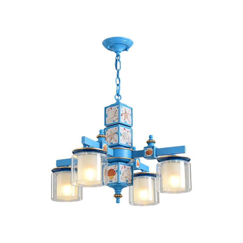 Sky/Light Blue Dual Cylinder Chandelier Nordic 4 Bulbs Clear and Opal Glass Down Lighting with Conch Design