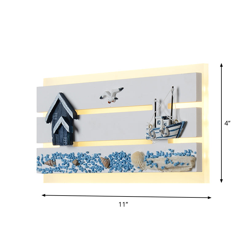 Acrylic Oblong Flush Wall Sconce Cartoon LED Wall Mounted Light with Wood Seagull and Sailboat Design