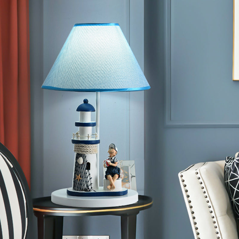 Barrel Shade Night Light Kids Stoff 1 Kopfblaue Tischlampe mit Cartoon Mädchen/Jungen und Leuchtturmdekoration