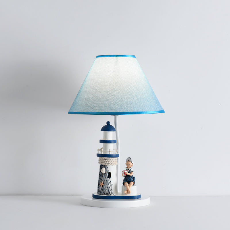 Barrel Shade Night Light Kids Stoff 1 Kopfblaue Tischlampe mit Cartoon Mädchen/Jungen und Leuchtturmdekoration