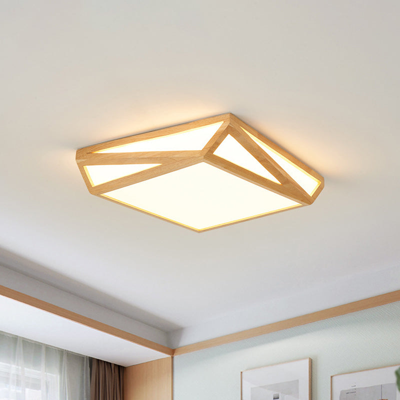 Contemporary Square Ceiling Lamp Wood Sleeping Room 12"/18" W LED Flush Mount Lighting in Beige, Warm/White Light