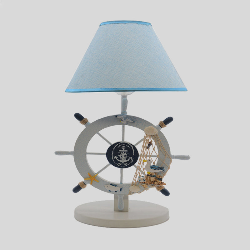Couet de table de tissu Carton 1-Bulb Blue Night-tands Éclairage avec base de gouvernail en bois