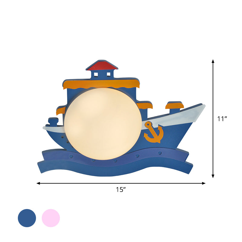 Barco pirata accesorio de madera montada en la pared para niños Rosa/azul Led de pared iluminación con sombra de vidrio de ópalo redondo