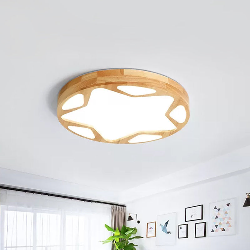 16"/19.5" W Round Ceiling Lighting Minimalist Wood LED Beige Flush Lamp with Star Design in Warm/White/Natural Light
