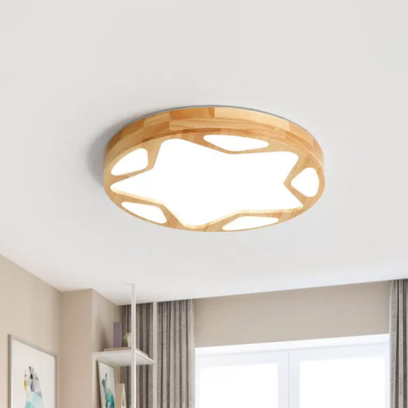 16"/19.5" W Round Ceiling Lighting Minimalist Wood LED Beige Flush Lamp with Star Design in Warm/White/Natural Light