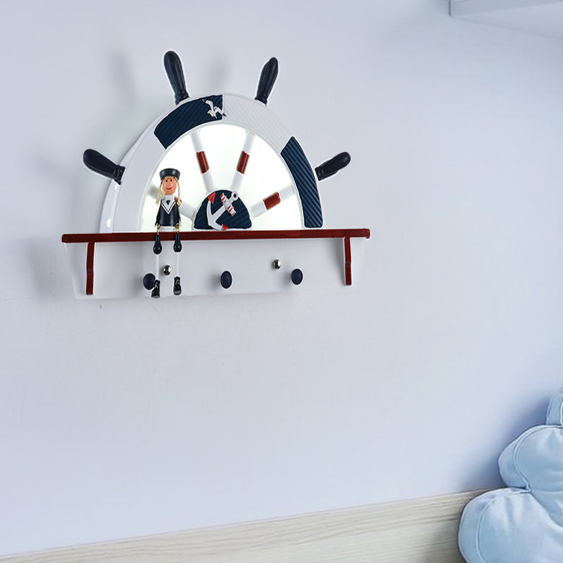 Wood Rudder Flush Mount Wall Sconce Mediterranean LED Wall Lighting Ideas with Cartoon Sailor Deco in Blue