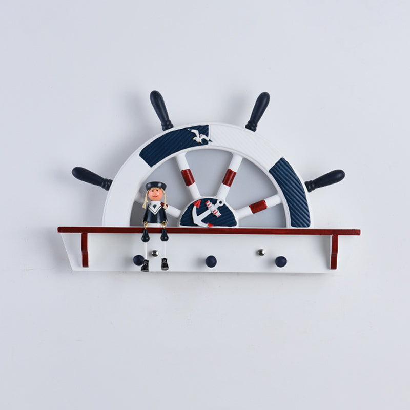 Wood Rudder Flush Mount Wall Sconce Mediterranean LED Wall Lighting Ideas with Cartoon Sailor Deco in Blue