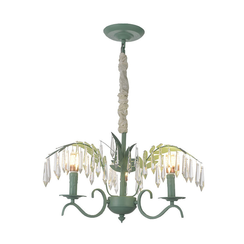 Metal Candle Hanging Light with Leaf & Crystal Restaurant 3 Lights Nordic Chandelier in Green