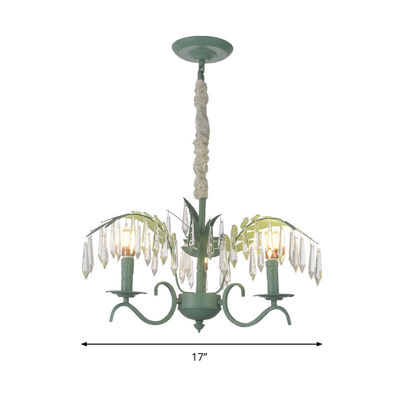 Metal Candle Hanging Light with Leaf & Crystal Restaurant 3 Lights Nordic Chandelier in Green