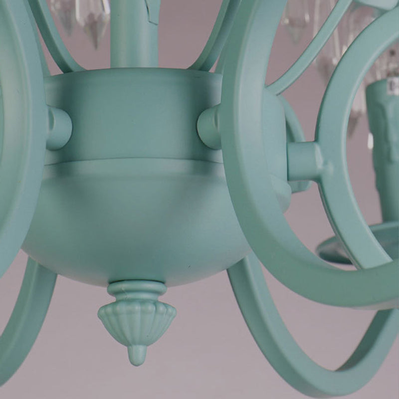 Metal Candle Hanging Light with Leaf & Crystal Restaurant 3 Lights Nordic Chandelier in Green