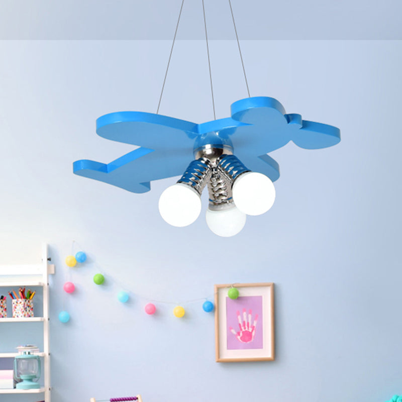 Battle-Plane Kindergarten Chandelier Lamp Acrylic 3 Heads Children Style Bulb Hanging Light in Yellow/Blue/Green