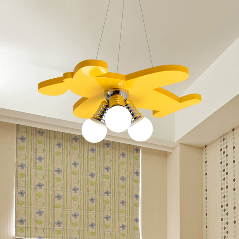 Battle-Plane Kindergarten Chandelier Lamp Acrylic 3 Heads Children Style Bulb Hanging Light in Yellow/Blue/Green