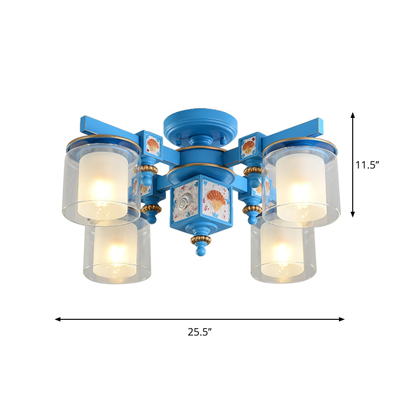 4 Heads Playroom Semi Flush Chandelier Coastal Blue Ceiling Lamp with Dual Cylinder Clear and Opaline Glass Shade