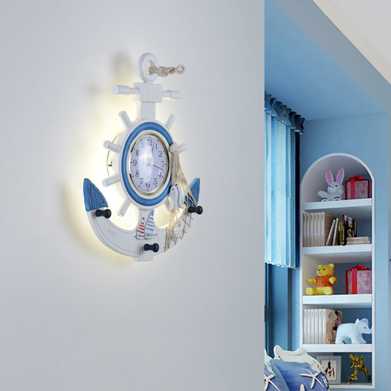 Metal Anchor Wall Sconce Light Children Style LED White Wall Mounted Lamp with Clock Design in Warm/White Light
