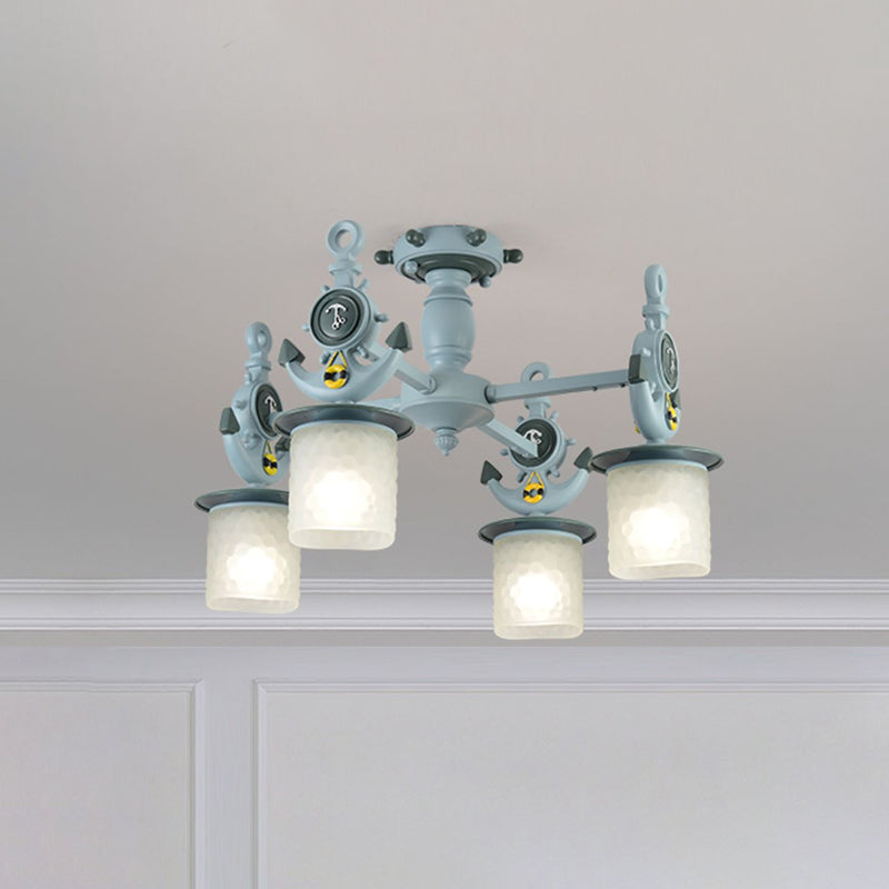 Cylinder Ceiling Light Fixture Modernist Frosted Dimpled Glass 4 Bulbs Nursery Semi Flush with Anchor Design in Blue