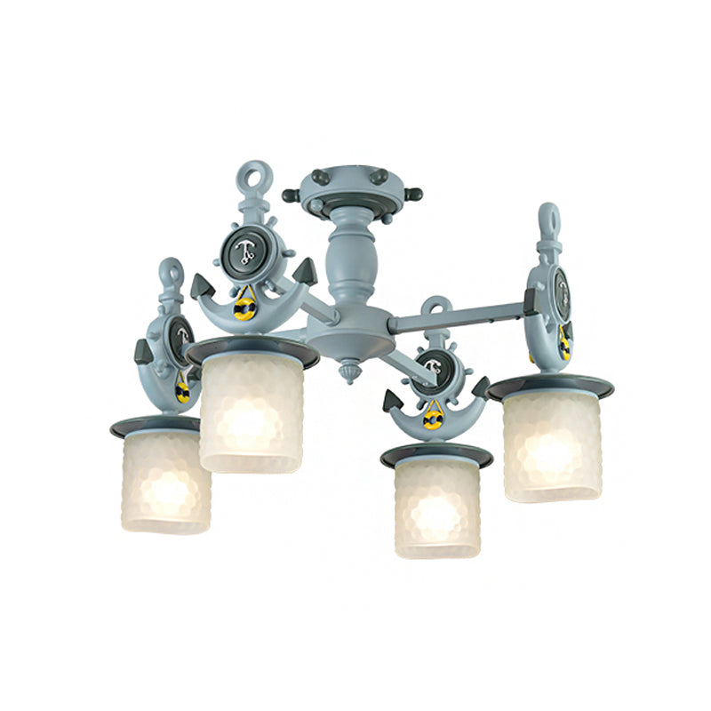 Cylinder Ceiling Light Fixture Modernist Frosted Dimpled Glass 4 Bulbs Nursery Semi Flush with Anchor Design in Blue