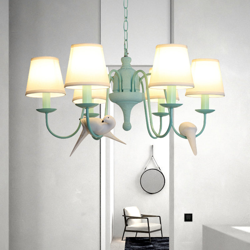Fabric Tapered Shade Chandelier with Vivid Bird 6 Lights Contemporary Hanging Light in Green