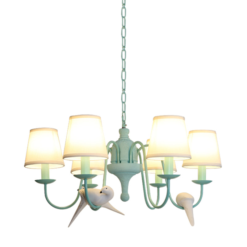 Fabric Tapered Shade Chandelier with Vivid Bird 6 Lights Contemporary Hanging Light in Green