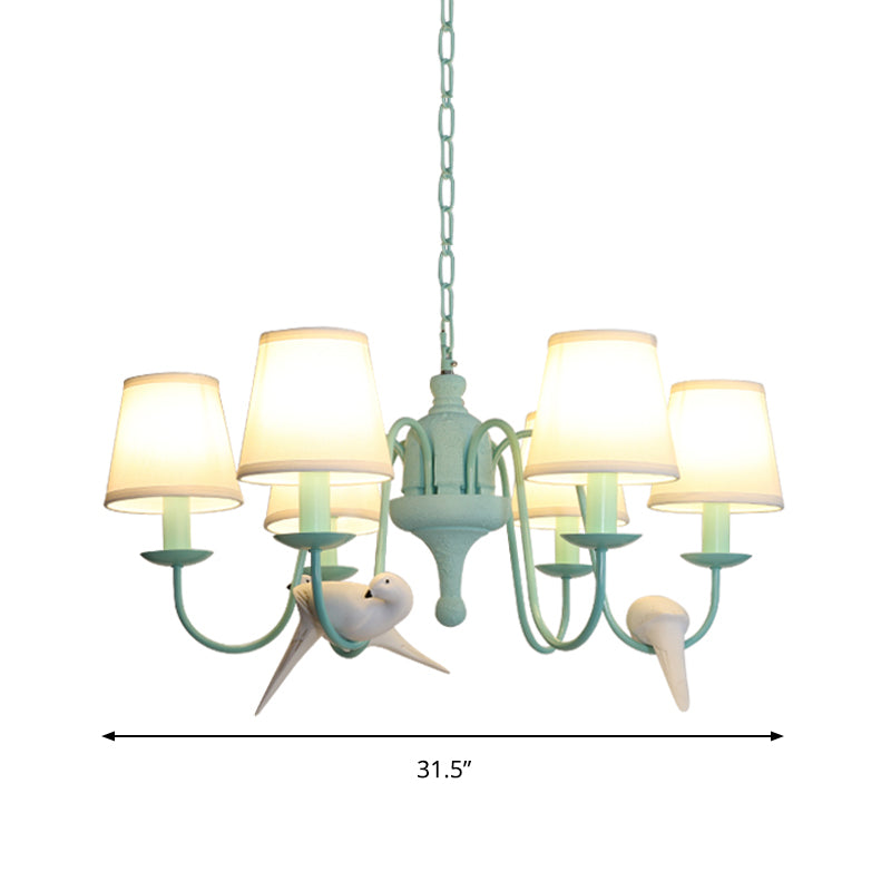Fabric Tapered Shade Chandelier with Vivid Bird 6 Lights Contemporary Hanging Light in Green